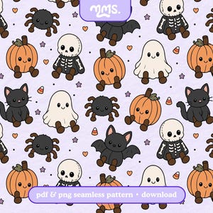 Puede incluir: Un patrón digital sin costuras sobre un fondo morado claro con ilustraciones repetidas de dibujos animados de esqueletos, arañas, murciélagos, calabazas, fantasmas, gatos negros y dulces, con el texto "mms." y "pdf & png seamless pattern • download".