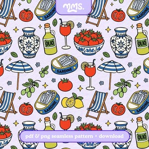 May include: A seamless pattern featuring illustrations of tomatoes, sardines, olive oil, cocktails, lemons, beach chairs, and decorative vases on a lavender background. The text "pdf & png seamless pattern • download" is also present.