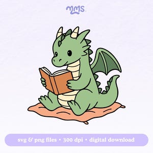 May include: A cartoon illustration of a green dragon reading a book. The dragon is sitting on a peach-colored pillow. The image includes the text "svg & png files &bull; 300 dpi &bull; digital download".