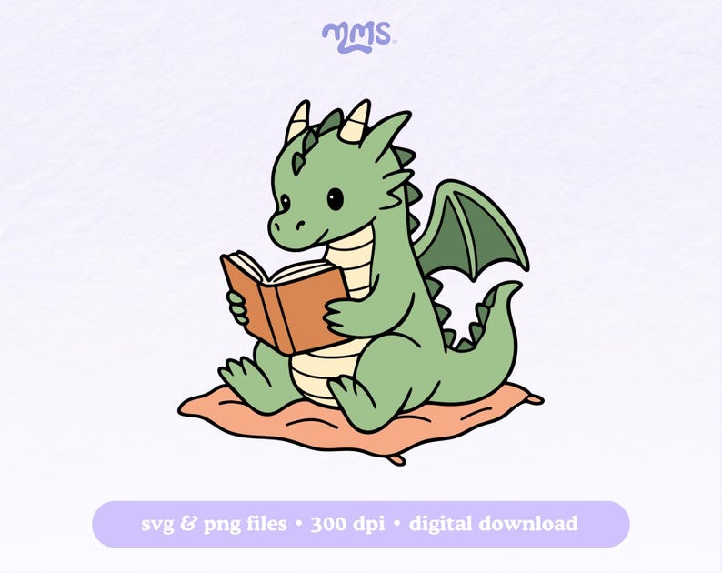 May include: A cartoon illustration of a green dragon reading a book. The dragon is sitting on a peach-colored pillow. The image includes the text "svg & png files &bull; 300 dpi &bull; digital download".