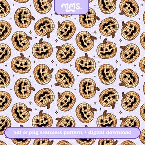 May include: A repeating pattern of smiling jack-o'-lanterns in shades of gold and brown, set against a light purple background. Each pumpkin has a grid-like texture and a carved face. The text "PDF & png seamless pattern • digital download" is at the bottom.