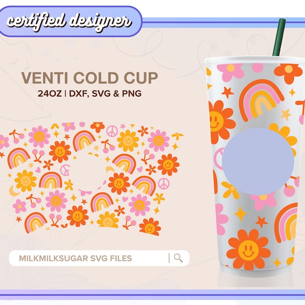 FLOWER SMILE SVG For Sbux Venti Cold Cup, Happy Face Svg for 24oz Tumbler, Cricut Cut Files Including Dxf, Png & Svg | Hippie Crush