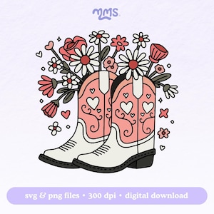 Blumen Cowboy-Stiefel svg Png für Cricut, trendige Cowgirl Valentines svg für Aufkleber, Lesezeichen, Shirts, Libbey Tassen & Schlüsselanhänger | Knister