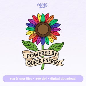 Descarga digital SVG/PNG de Queer Energy, archivo recortable de girasol arcoíris con orgullo LGBTQ, silueta de Cricut con cita gay divertida para sublimación HTV