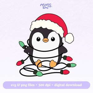 Archivo SVG de pingüino navideño para Cricut, luces navideñas de pingüino, clipart de pingüino para pegatinas, marcapáginas, camisetas y tazas Libbey