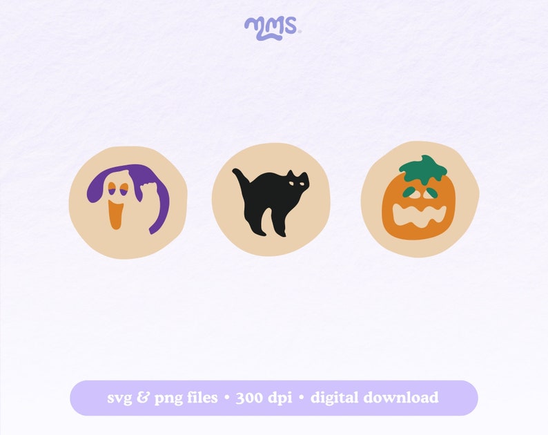 May include: Three Halloween-themed icons in a row. The first icon is a ghost with a purple head and orange mouth. The second icon is a black cat. The third icon is a jack-o'-lantern with a green stem and orange face.