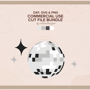 May include: A silver disco ball with black squares, surrounded by white stars on a light pink background with brown floral designs. The text "DXF, SVG & PNG COMMERCIAL USE CUT FILE BUNDLE by milkmilksugar" is at the top of the image.