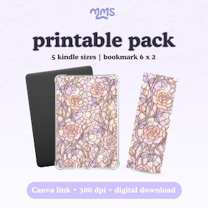 Puede incluir: Un paquete imprimible digital que incluye un Kindle, una funda Kindle y un marcapáginas. La funda y el marcapáginas muestran un diseño floral con rosas en tonos rosa, morado y crema. El texto "printable pack" está en la parte superior.