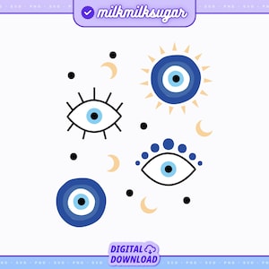 May include: A set of four blue evil eye charms with white pupils and black outlines. The charms are surrounded by black dots, white crescent moons, and a yellow sun with rays.