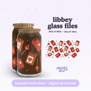 May include: Two glass tumblers with wooden lids and clear straws. The tumblers are decorated with a red matchbox design with hearts and the word "LOVE". The image also includes a pattern of matchboxes and matches. Text on the image says "libbey glass files".