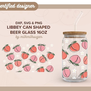 May include: A clear glass beer glass with a wooden lid and a straw. The glass has a peach and flower pattern. The text "DXF, SVG & PNG LIBBEY CAN SHAPED BEER GLASS 16OZ by milkmilksugar" is on the image.