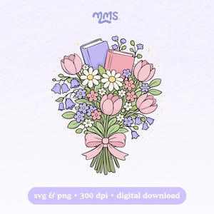 Archivo SVG de ramo de libros de primavera para Cricut, Booktok, PNG de libros de primavera y verano para pegatinas, marcapáginas, camisetas, tazas Libbey y llaveros. imagen 1