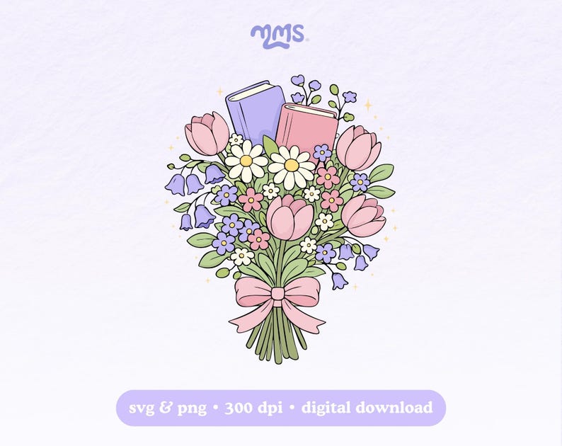 Archivo SVG de ramo de libros de primavera para Cricut, Booktok, PNG de libros de primavera y verano para pegatinas, marcapáginas, camisetas, tazas Libbey y llaveros. imagen 1