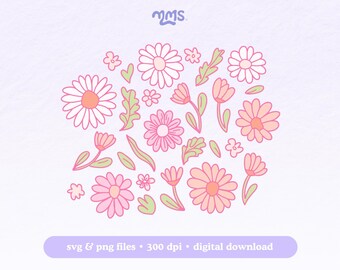 May include: A digital download of pink and white daisy flower illustrations. The flowers are outlined in black and have a simple, hand-drawn style. The flowers are arranged in a cluster on a light purple background.