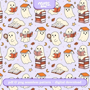 Könnte beinhalten: Ein sich wiederholendes Muster von Cartoon-Geistern, die Bücher lesen, mit orangefarbenen Buchumschlägen und Bücherstapeln. Die Geister sind weiß mit schwarzen Augen und sind von herbstlichen Elementen wie Blättern, Sternen und Monden umgeben. Der Text "pdf & png seamless pattern • digital download" befindet sich unten.