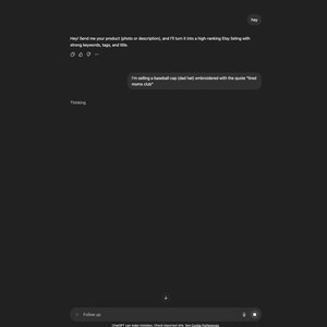 May include: Screenshot of a dark screen with text bubbles. One bubble says, "I'm selling a baseball cap (dad hat) embroidered with the quote "tired moms club". The top left corner says "Keywords & SEO by MilkMilkSugar".