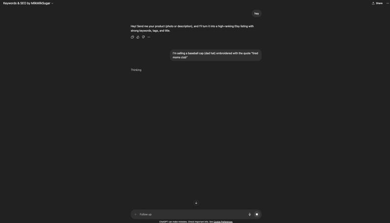 May include: Screenshot of a dark screen with text bubbles. One bubble says, "I'm selling a baseball cap (dad hat) embroidered with the quote "tired moms club". The top left corner says "Keywords & SEO by MilkMilkSugar".