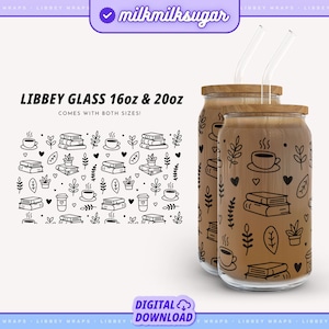 Livres et emballage de café pour boîte de 16 oz et 20 oz emballage de verre, Svg livresques Libbey, emballage de tasse Booktok, fichier d'emballage pour amoureux des livres, boîte de lecture en verre