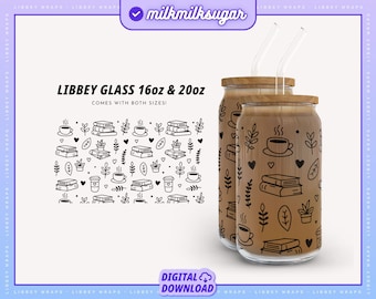 Książki i opakowanie kawy na Libbey 16oz i 20oz puszki szklane, Bookish Libbey Svg, opakowanie na kubek Booktok, plik do pakowania miłośników książek, szklana puszka do czytania