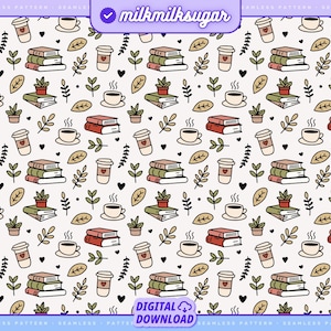 Buchmusterdatei für Sublimation oder Druck, nahtloses Design, digitales Papier, Büchermuster, Bücher und Kaffee-Design, Booktok-Musterdatei