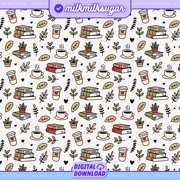 Book Pattern File For Sublimation or Printing, Seamless Design, Digital Paper,Bookish Pattern, Books and Coffee Design, Booktok Pattern File