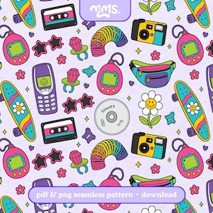 May include: A seamless pattern on a light purple background featuring illustrations of cassette tapes, pink digital pets, yellow and blue cameras, rainbow slinkies, purple mobile phones, skateboards, star-shaped sunglasses, ring pops, and flowers.