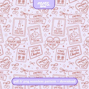 Peut inclure: Motif sans couture lilas et marron avec des phrases romantiques telles que "Friends to Lovers" et "Enemies to Lovers" sur des bannières, ainsi que des illustrations de cerises, de coeurs et de timbres. Le texte "pdf & png seamless pattern • download" est également inclus.