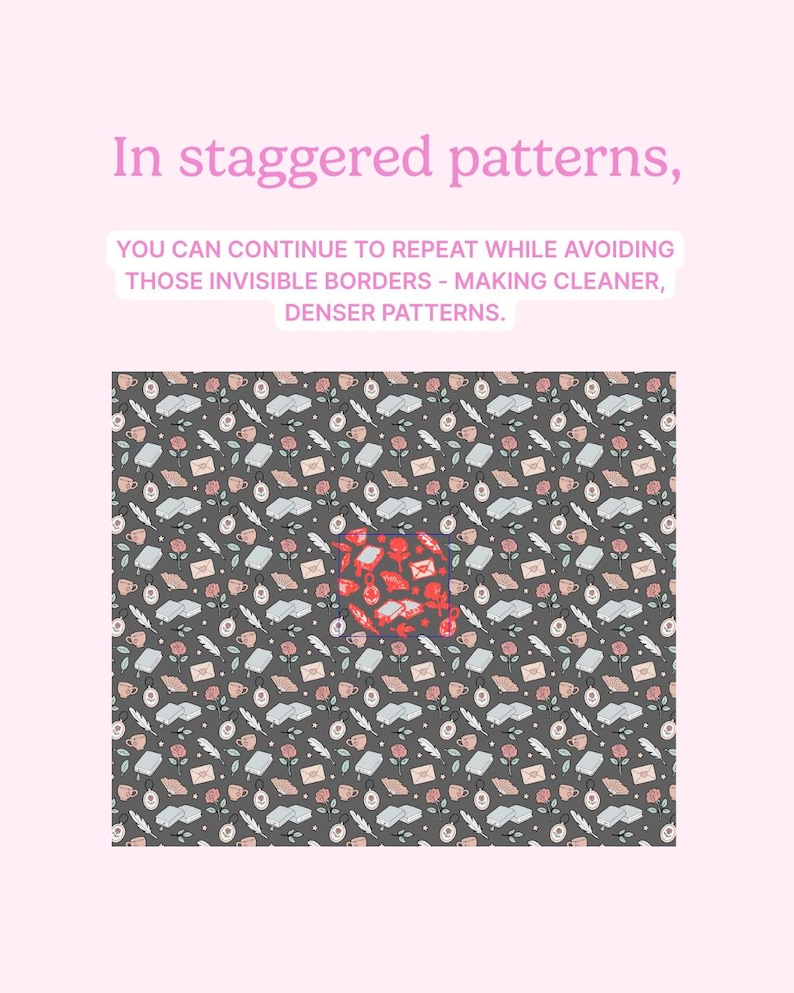 May include: A repeating pattern on a dark gray background featuring illustrations of envelopes, roses, feathers, and teacups. The text reads, "In staggered patterns, you can continue to repeat while avoiding those invisible borders - making cleaner, denser patterns."
