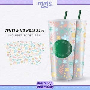 Süßer Frühling Sbux Venti 24 Unzen Kaltschalenverpackung, Loch & Kein Loch, Pastell-Ostern-Svg, Blumen und Regenbogen Svg-Schnittdateien für Cricut und Silhouette