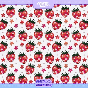 Disco Erdbeer Obst Musterdatei für Sublimation oder Druck, nahtloses Fruchtdesign, Erdbeermuster Png, Y2K Sublimationsmuster