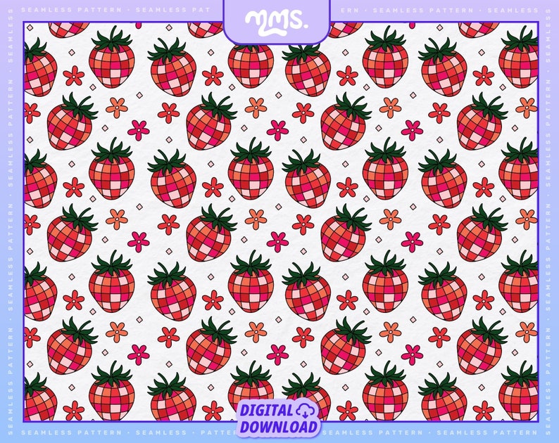 May include: A seamless pattern featuring red and white checkered strawberries with pink flowers on a white background. The pattern is repeated throughout the image.