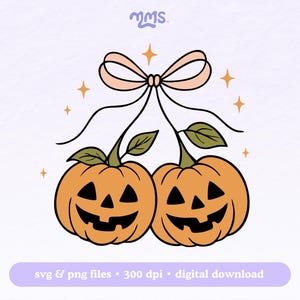 May include: A digital illustration of two orange pumpkins with carved jack-o'-lantern faces, connected by a peach-colored bow and stems with green leaves. The background is light purple with gold star accents. Text at the bottom reads "svg & png files &bull; 300 dpi &bull; digital download."