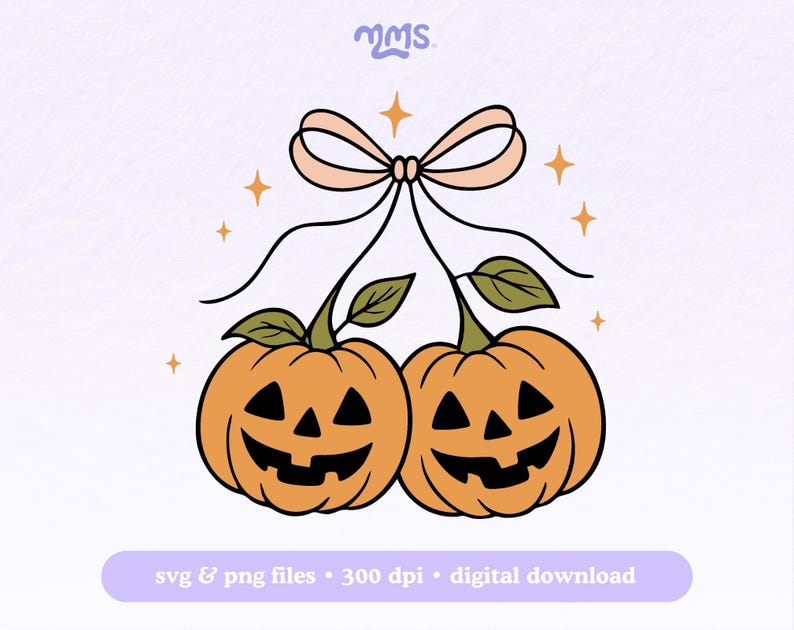 May include: A digital illustration of two orange pumpkins with carved jack-o'-lantern faces, connected by a peach-colored bow and stems with green leaves. The background is light purple with gold star accents. Text at the bottom reads "svg & png files &bull; 300 dpi &bull; digital download."