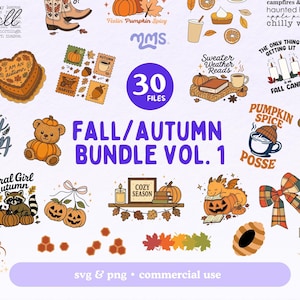 May include: A digital art bundle with a fall/autumn theme, featuring various illustrations. Includes pumpkins, leaves, cozy season, and pumpkin spice designs. The bundle contains 30 files and is available for commercial use.