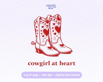 May include: Red and white illustration of a pair of cowboy boots with heart designs. The boots have spurs and are set against a light purple background. The text "cowgirl at heart" is below the boots.