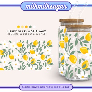 Fleur de citronnier SVG Wrap pour verre de canette Libbey 16 oz & 20 oz, fruits coupe Svg, Svg Libbey verre, emballage de citron, fruits d'été Svg, couper fichier Dxf Png Svg