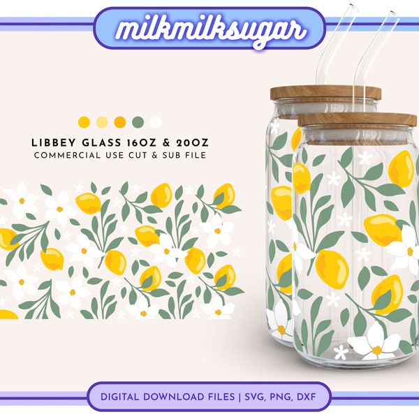LEMON BLOOM SVG Wrap For Libbey 16oz & 20oz Can Glass, Fruit Cup Svg, Libbey Glass Svg, Lemon Wrap, Summer Fruit Svg, Cut File Dxf Png Svg