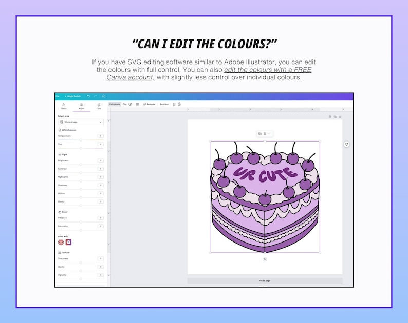 May include: A digital illustration of a purple heart-shaped cake with the text "UR CUTE" in purple. The cake is decorated with cherries. The image also includes text: "CAN I EDIT THE COLOURS?" and information about editing colors in SVG software.