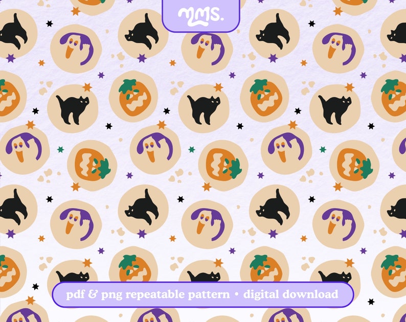 May include: A repeating pattern featuring Halloween-themed illustrations. The design includes black cats, jack-o'-lanterns, and ghost-like figures in circles, with scattered stars. The text "pdf & png repeatable pattern &bull; digital download" is at the bottom.