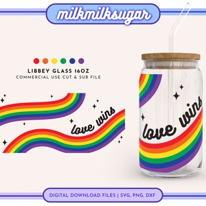 ORGULHO SVG para lata de vidro Libbey de 16 oz, Orgulho Gay SVG, Padrão LGBTQ+ SVG, Arco-íris SVG, Arquivos Cricut Cut, Incluindo DXF, PNG e SVG | O Amor Vence
