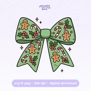Peut inclure: Illustration d'un n&oelig;ud de No&euml;l vert orn&eacute; de bonhommes en pain d'&eacute;pices, de cannes en sucre et de baies de houx. Le n&oelig;ud a un n&oelig;ud central et deux boucles. Le texte "svg & png &bull; 300 dpi &bull; digital download" est inclus.