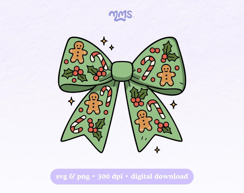 Peut inclure: Illustration d'un n&oelig;ud de No&euml;l vert orn&eacute; de bonhommes en pain d'&eacute;pices, de cannes en sucre et de baies de houx. Le n&oelig;ud a un n&oelig;ud central et deux boucles. Le texte "svg & png &bull; 300 dpi &bull; digital download" est inclus.