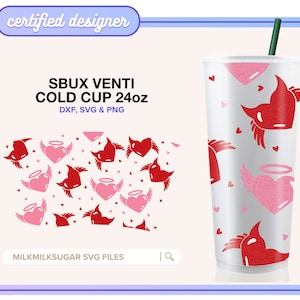 Envoltura SVG de San Valentín para vasos fríos Venti de 24 oz sin agujero, envoltura de corazones SVG, ángel y diablo SVG, lindos archivos de corte SVG DXF PNG / Mejores enemigos