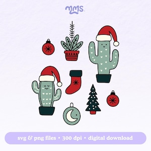 Lot de cactus de Noël SVG, clipart vacances pour Cricut et Silhouette, fichier SVG de Noël cactus plante pour signets, porte-clés de motel, cartes