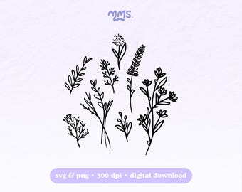 Wildflowers Minimal Floral Line Art Svg Png File, Hand Drawn Botanical Elements, Wildflower Doodle Clipart Set