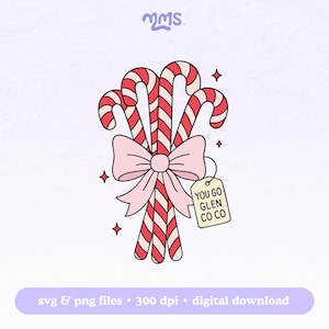 May include: Illustration of candy canes with red and white stripes, tied with a pink bow. A tag reads "You Go Glen Coco." The image includes small star accents and text at the bottom: "svg & png files • 300 dpi • digital download."