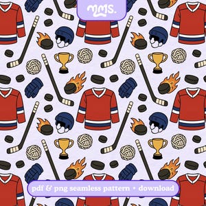 May include: Seamless pattern featuring red hockey jerseys, pucks, helmets, gloves, hockey sticks, and trophies on a light purple background. The design includes text that reads "pdf & png seamless pattern • download".
