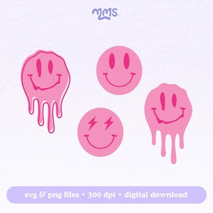 May include: Four pink smiley face graphics, two with dripping edges, one with lightning bolts for eyes, and one with a classic smiley face design.  The graphics are on a white background.