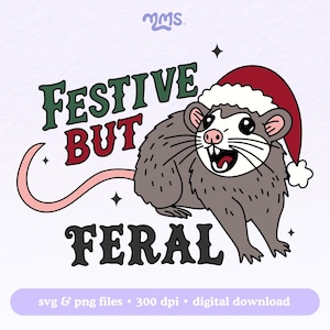 Arquivo de corte SVG festivo, mas selvagem, para Cricut, guaxinim engraçado de Natal SVG, gambá de Natal para adesivos, marcadores de página, camisetas, copos Libbey