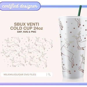 REINDEER SVG Wrap For 24oz Venti Cold Cups No Hole, Rudolph Svg, Christmas Deer Svg, Winter Themed Svg, Cut Files Svg Dxf Png | Prancer